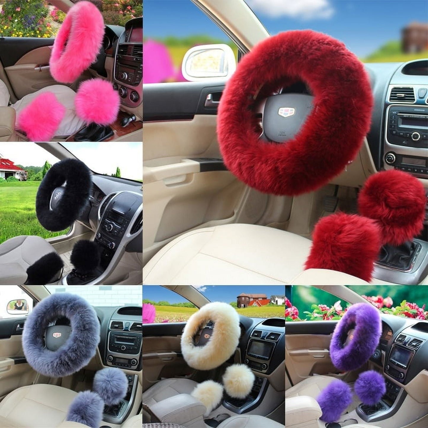 Versatile Hot 3Pcs/Set Woolen Winter Soft Warm Fuzzy Steering Wheel Cover Long Plush Handbrake Car Accessory Pink/Saffron Yellow/Black/Wine Red/Beige