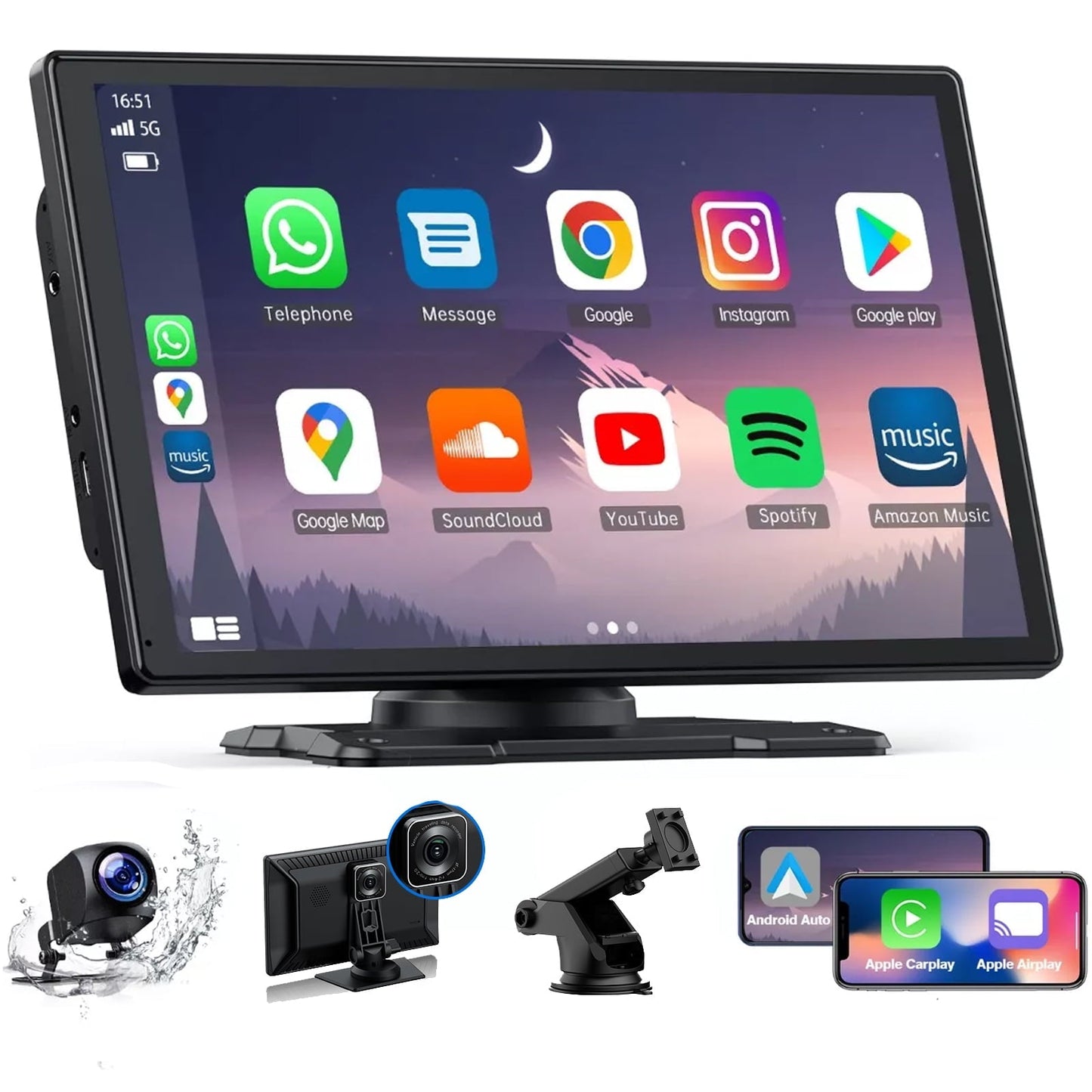 Versatile LAMTTO 9" HD IPS Screen Wireless Car Stereo Apple Carplay with 2.5K Dash Cam,1080P Backup Camera,Portable Touch Screen GPS Navigation for Car, Car Audio Receivers with Bluetooth,Android Auto