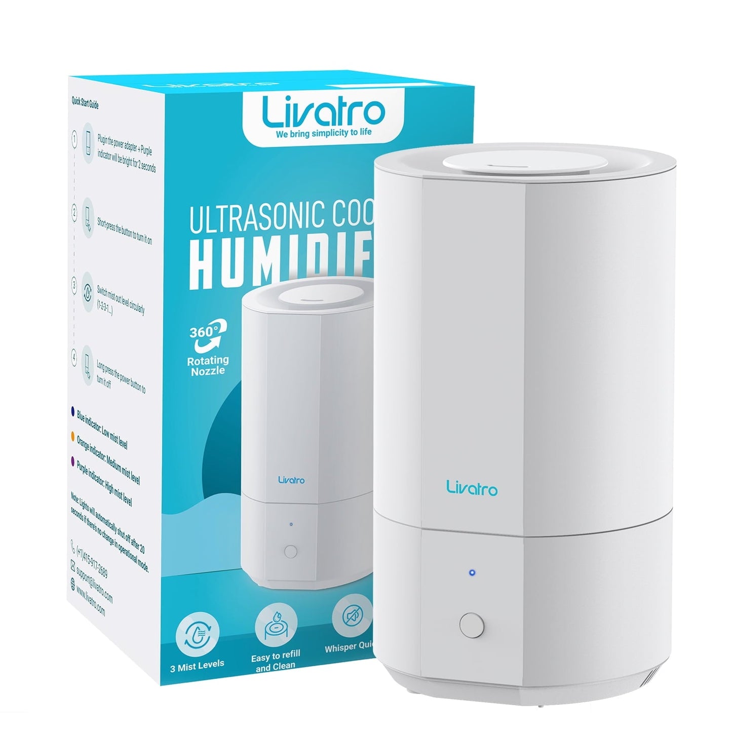 Versatile Livatro 4L Top Fill Humidifiers for Bedroom Large Room Nursery, Cool Mist Humidifier With Ultrasonic Quiet, Auto Shut-off and Easy to Clean, Last up to 40 Hours, White