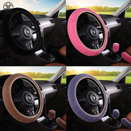 Versatile Luxtrada Universal 3Pcs/Set Woolen Winter Soft Warm Fuzzy Steering Wheel Cover Long Plush Handbrake Car Accessory