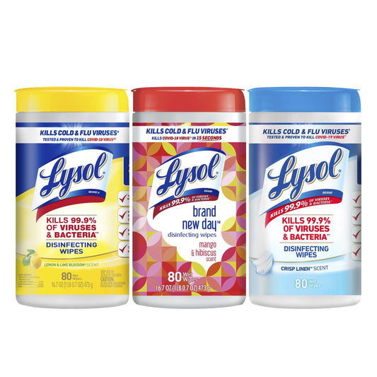 Classic Lysol Disinfectant Wipes Bundle, Multi-Surface Antibacterial Cleaning Wipes, contains 1 Lemon (80ct) 1 Crisp Linen (80ct) & 1 Mango & Hibiscus (80ct)