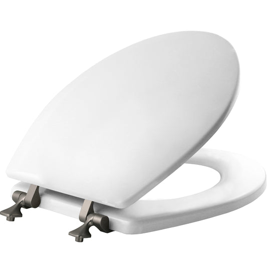 Versatile Mayfair Edgewater Round Enameled Wood Toilet Seat in White Never Looosens Brushed Nickel Metal Hinge