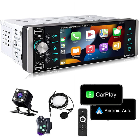 Versatile Podofo Single Din 5.1'' Car Stereo Radio Apple Carplay Android Auto Touch Screen Car Multimedia MP5 Player Bluetooth Mirror Link FM USB, with Back Up Camera