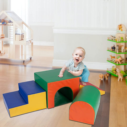 Versatile Polar Aurora 4PCS Single-Tunnel Foam Climber and Crawl Activity Play Set Soft Foam Toddler Stairs and Freestanding Indoor Active Play Structure for Toddlers and Kids, Easy to Assemble