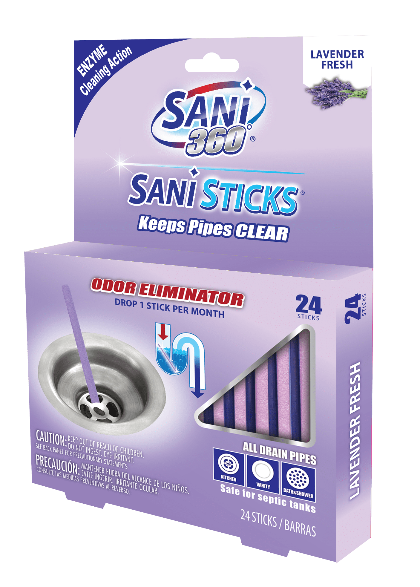 Versatile Sani 360 Sticks Lavender Fresh Drain Cleaner and Deodorizer, 24 Count