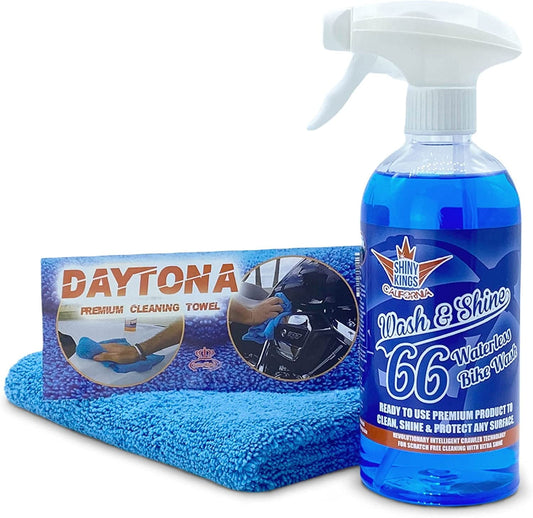 Classic Shinykings Wash&Shine 66 WATERLESS Motorcycle cleaner as Cleaning Kit 16.9 fl.oz with Premium cleaning cloth