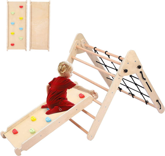 Versatile Toddler Indoor Gym Playset, 2-in-1 Wooden Climbing Toys, Triangle Folding Climbing for Climbing & Sliding for Boys and Girls,18M+