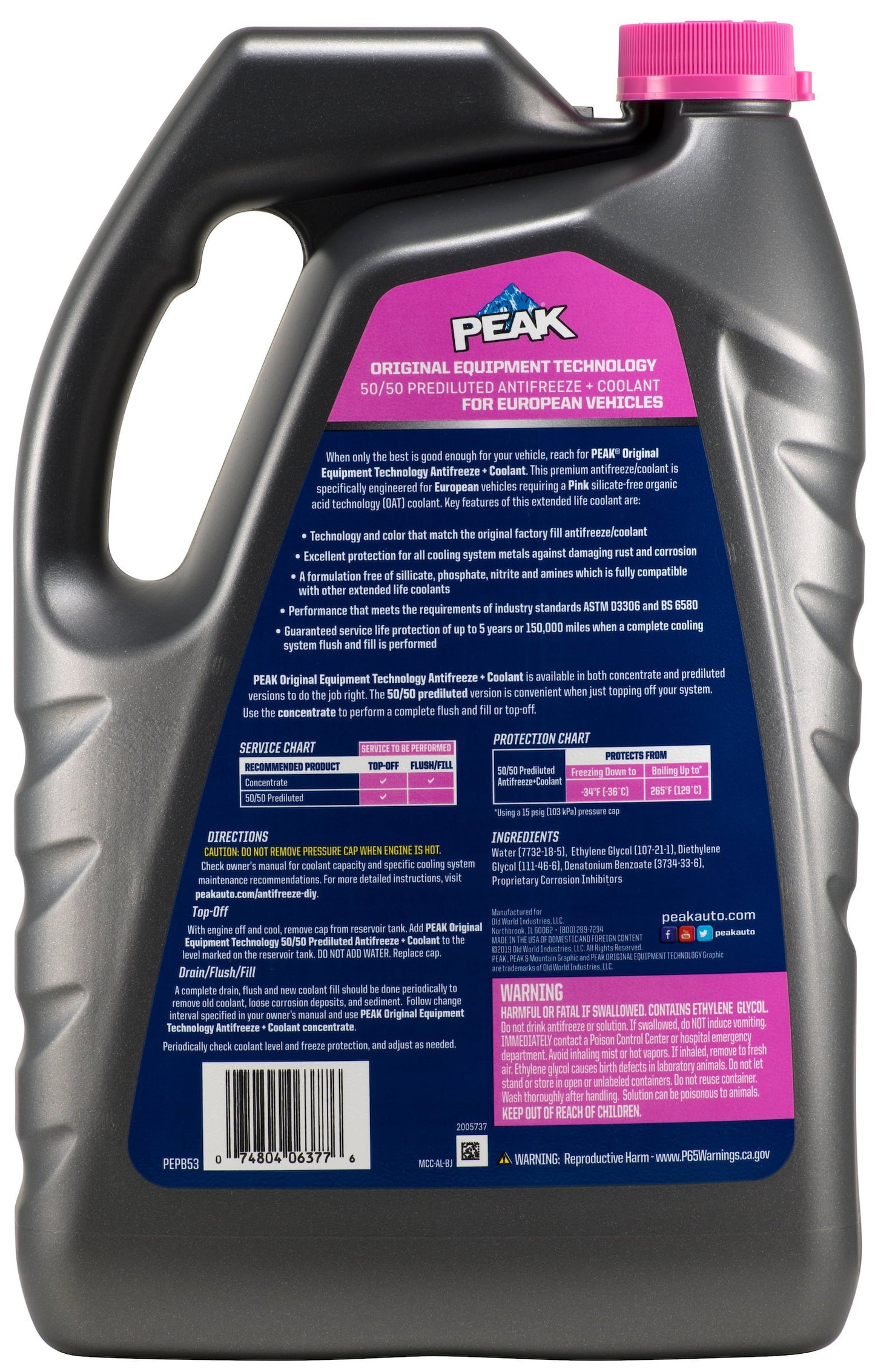 Classic PEAK Original Equipment Technology Antifreeze + Coolant For European Vehicles - Pink