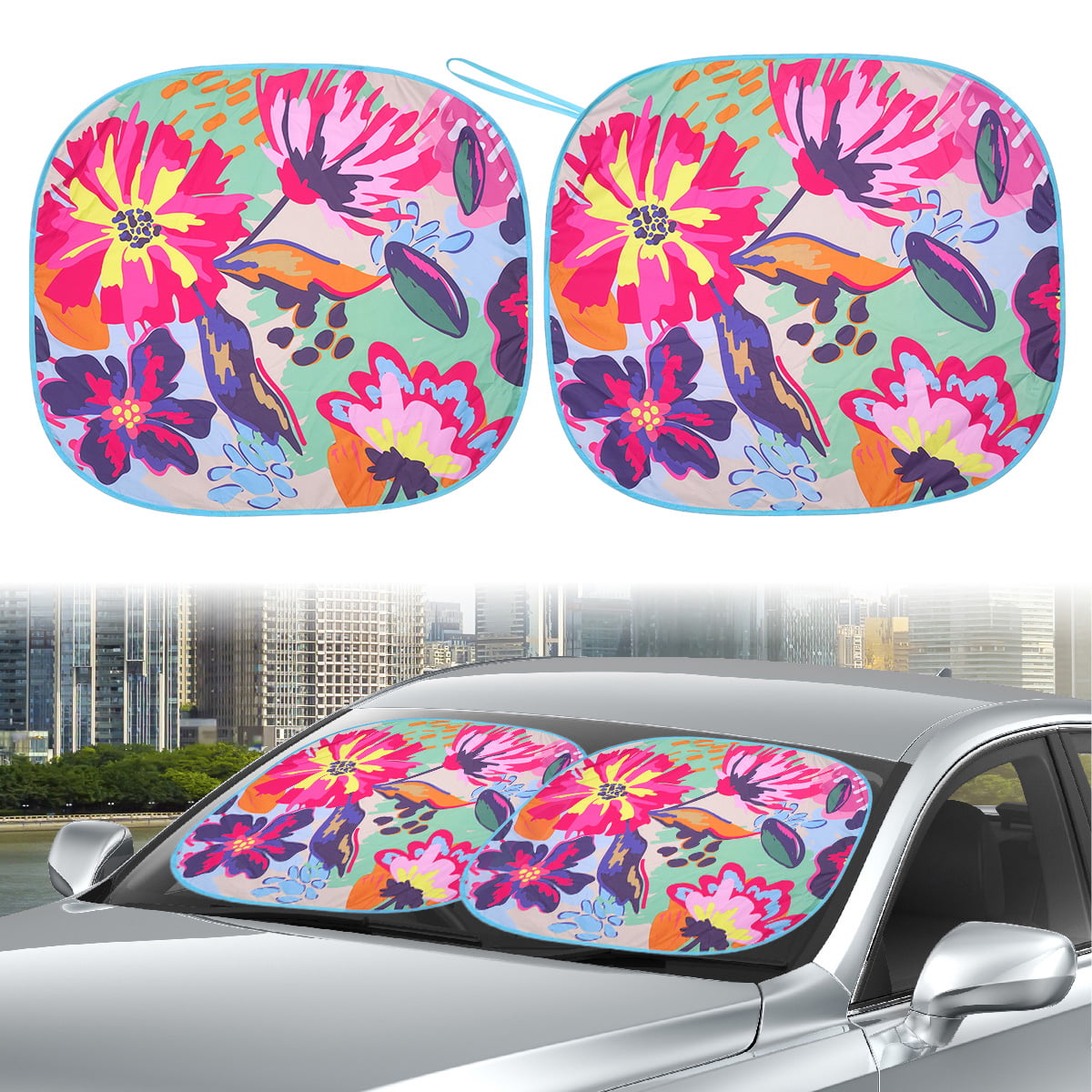 Classic Auto Drive Sedan SUV Hatchback Windshield Floral Design Twist Sun Shade 1 Pair, 28.5"x 31.5"