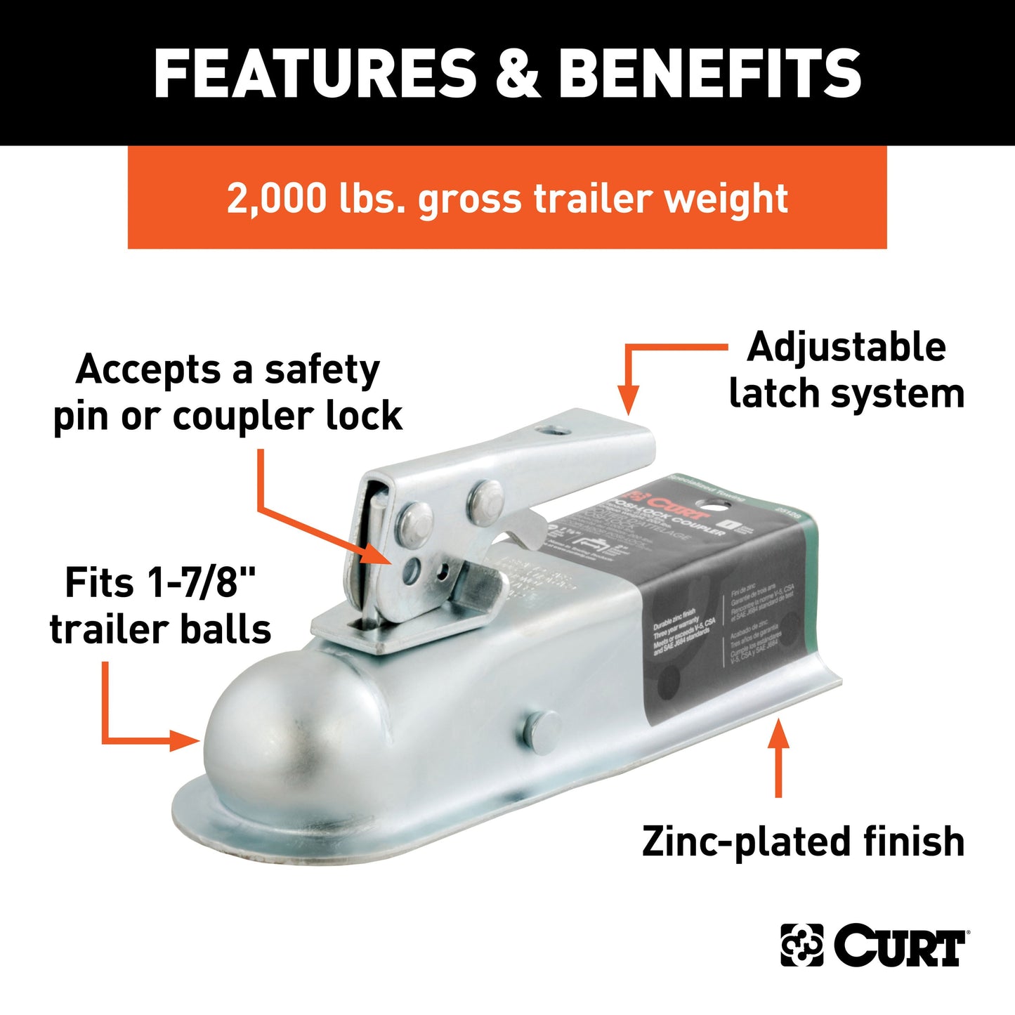 Versatile CURT 25128 Straight Tongue Trailer Coupler for 2-Inch Channel, 1-7/8-In Hitch Ball, 2,000 lbs