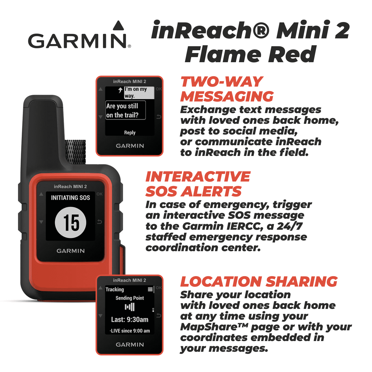 Versatile Garmin inReach Mini 2 Satellite Communicator (Flame Red), Hand-Held, Unisex Adult with Wearable4U Power Pack Bundle