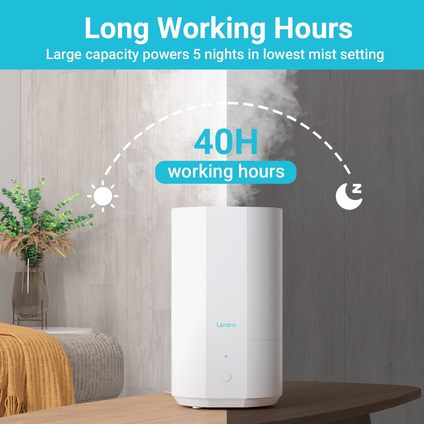 Versatile Livatro 4L Top Fill Humidifiers for Bedroom Large Room Nursery, Cool Mist Humidifier With Ultrasonic Quiet, Auto Shut-off and Easy to Clean, Last up to 40 Hours, White