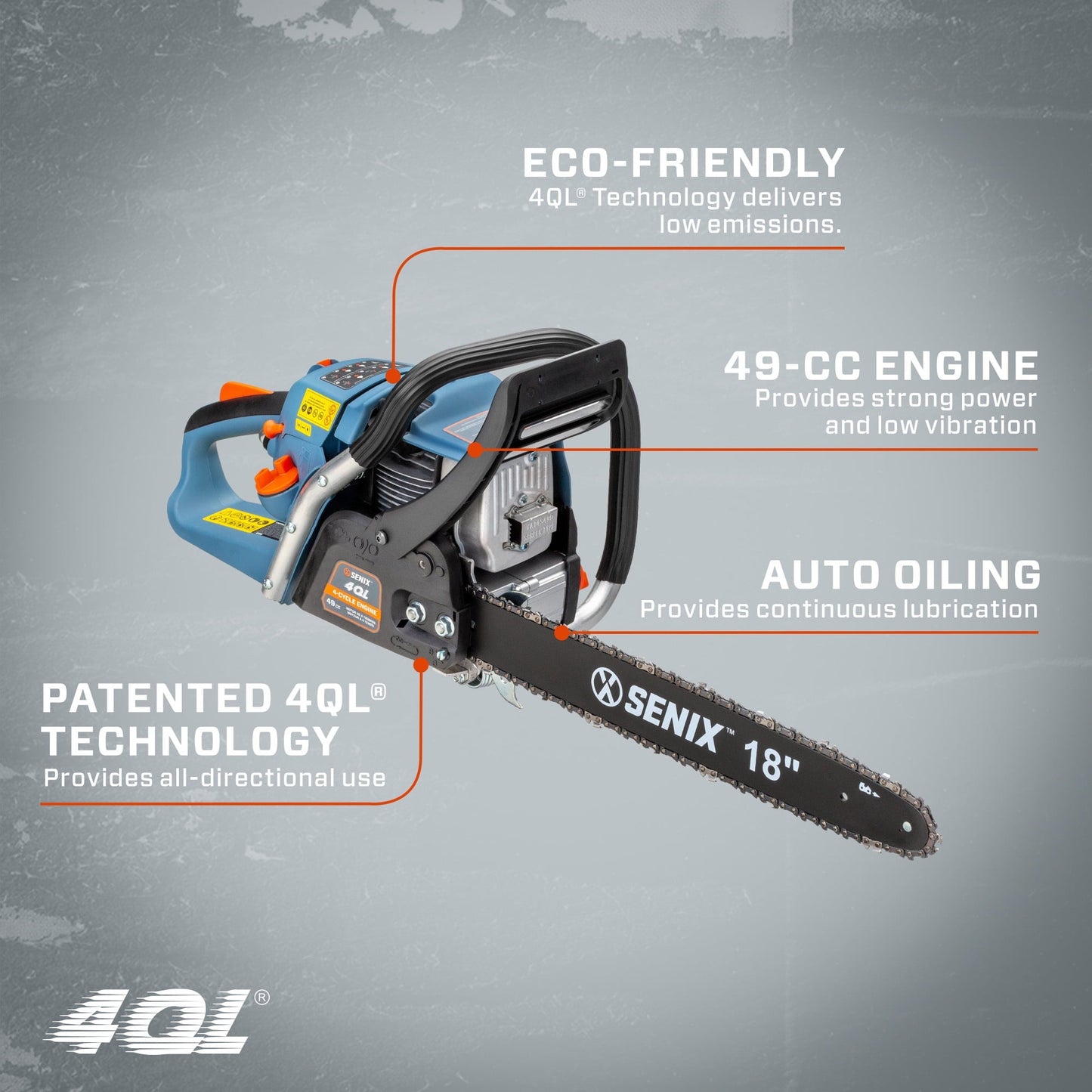 Classic SENIX 18-inch 49 Cc 4-Cycle Gas Powered Chainsaw, Oregon Bar and Chain, CS4QL-L1