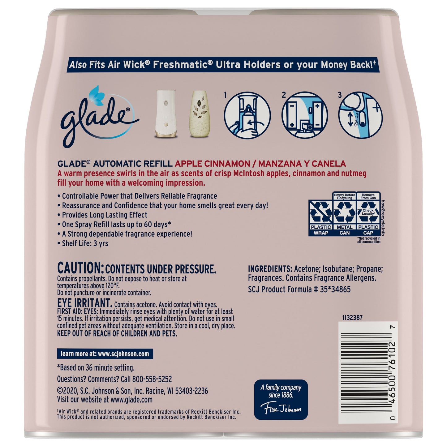 Versatile Glade Automatic Spray Refill 2 CT, Apple Cinnamon, 12.4 OZ. Total, Air Freshener