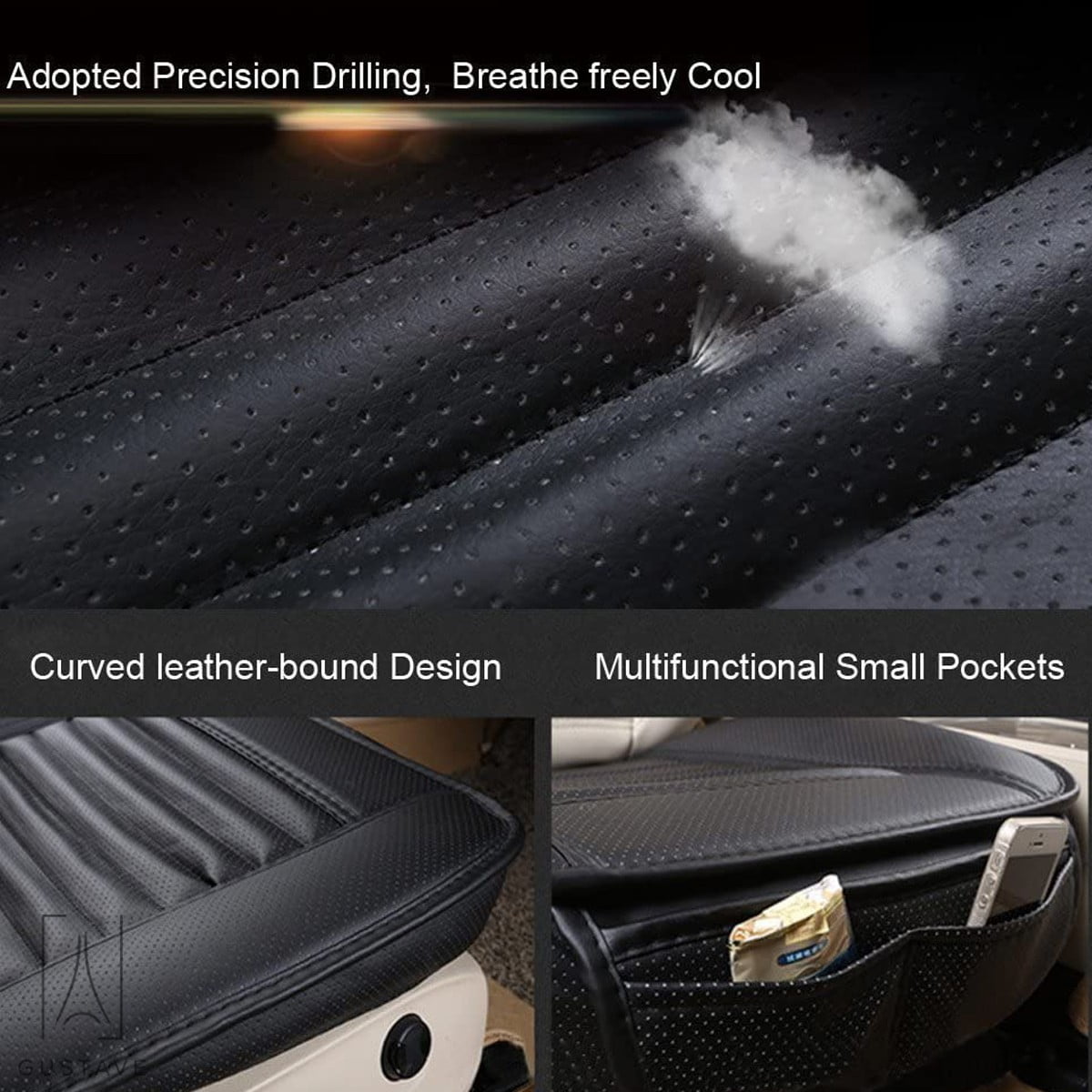 Versatile Gustave Universal Car Seat Cushion, Breathable Car Front Seat Pad with PU Leather Bamboo Charcoal Car Seat Protector for Auto Supplies Office Chair "Black"