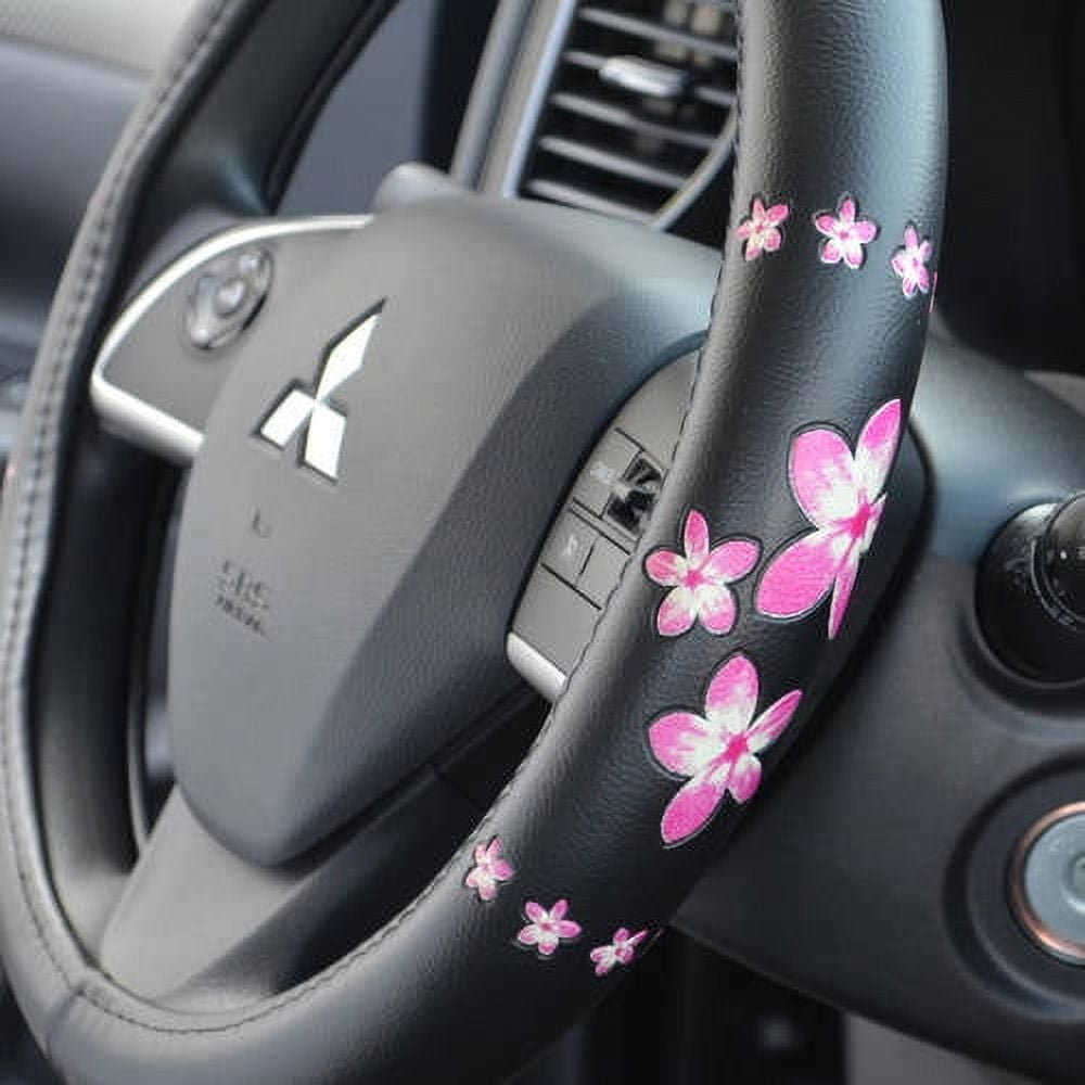 Classic BDK Pink Floral Design Car Steering Wheel Cover, Standard Size 14.5 to 15.5"