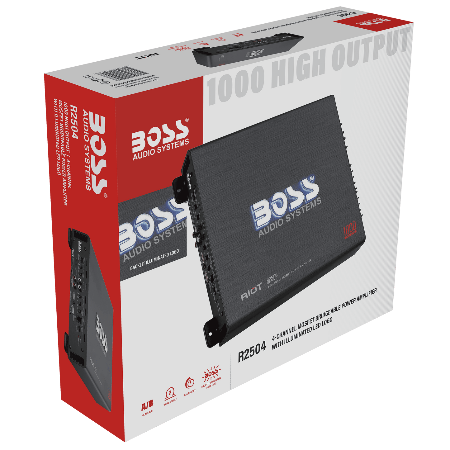 Versatile BOSS Audio Systems R2504 Riot Series Car Audio Amplifier - 1000 High Output, 4 Channel, Class A/B, 2/4 Ohm, High/Low Level Inputs, High/Low Pass Crossover, Bridgeable, Full Range