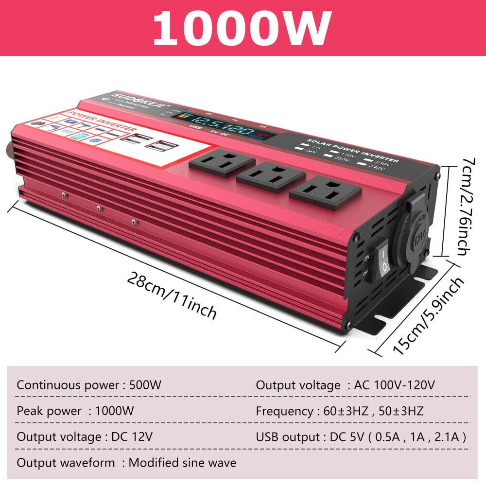 Classic 1000W Power Inverter Car Converter Adapter, 500W DC 12V to AC 110V Pure Sine Wave Solar Converter