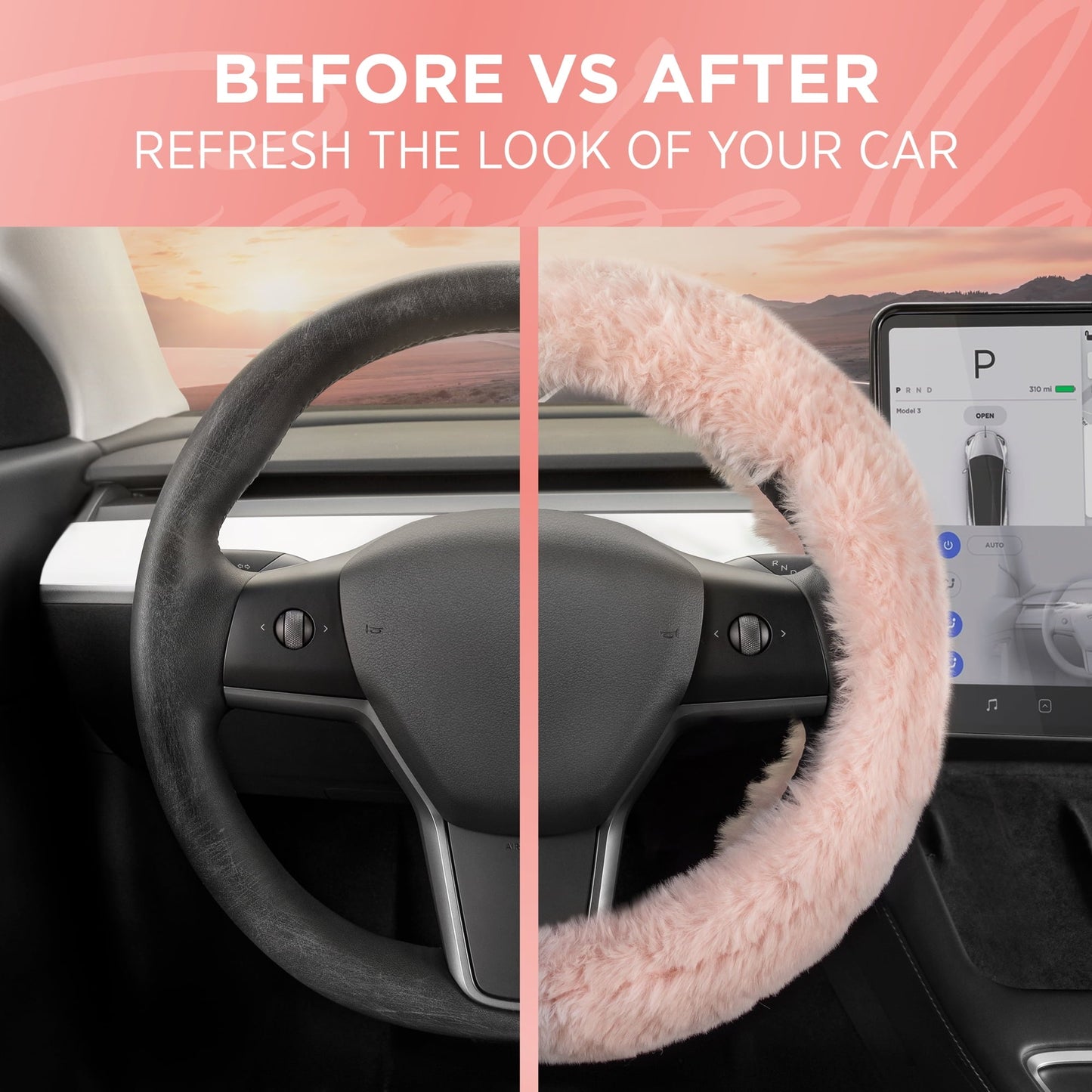 Classic Carbella Soft Pink Faux Fur Steering Wheel Cover for Women, Standard 15 Inch Size Fits Cars Trucks SUV