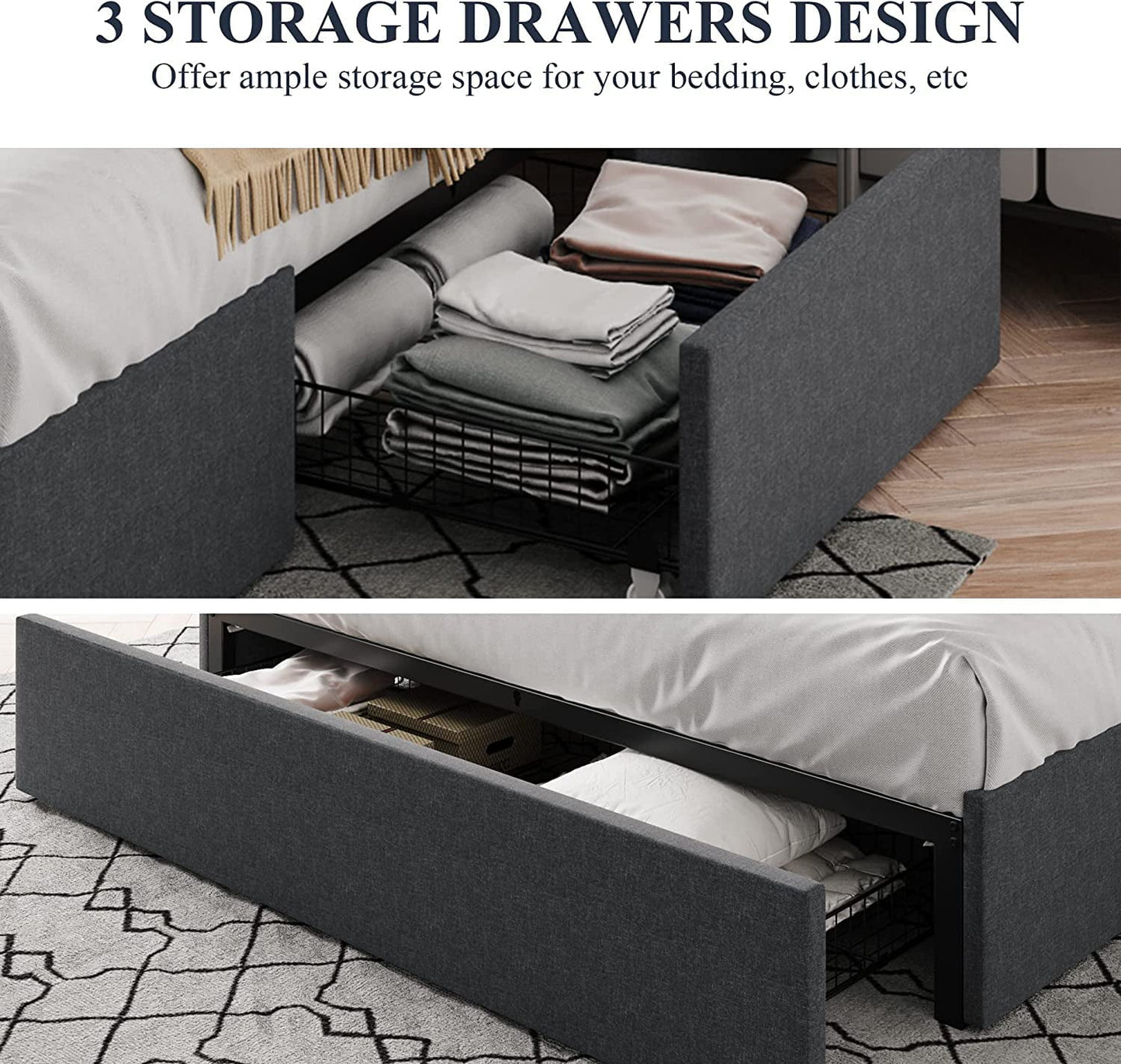 Classic Allewie Queen Size Platform Bed Frame with 3 Storage Drawers, Fabric Upholstered, Dark Grey