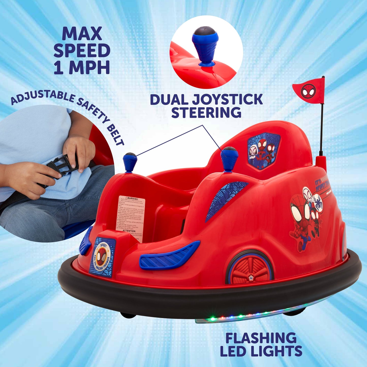 Versatile Marvel's Spidey and His Amazing Friends 6V Bumper Car, Battery Powered Ride On for Children by Flybar, Ages 1.5+, 66lbs