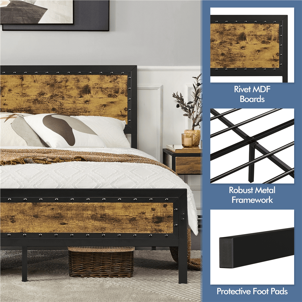 Versatile Topeakmart Industrial Metal Bed Frame with Wooden Headboard and Footboard, Queen Size, Rustic Brown