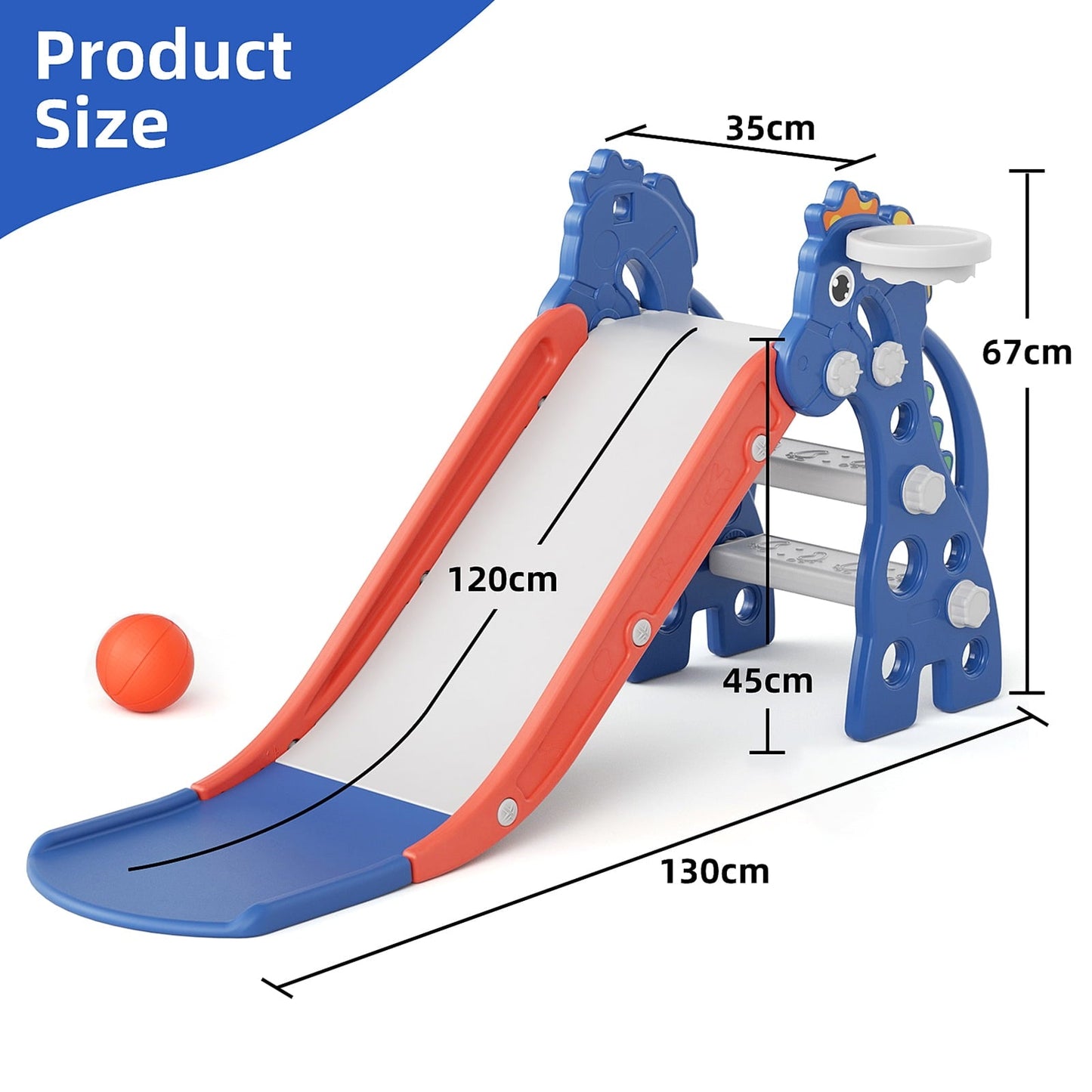 Classic 3 in 1 Slide for Kids, Toddler Slide Climber Set for Indoor Outdoor, Freestanding Game Slide with Extra Long Slipping Slope, Basketball Hoop and Ball for Boys & Girls (Blue)