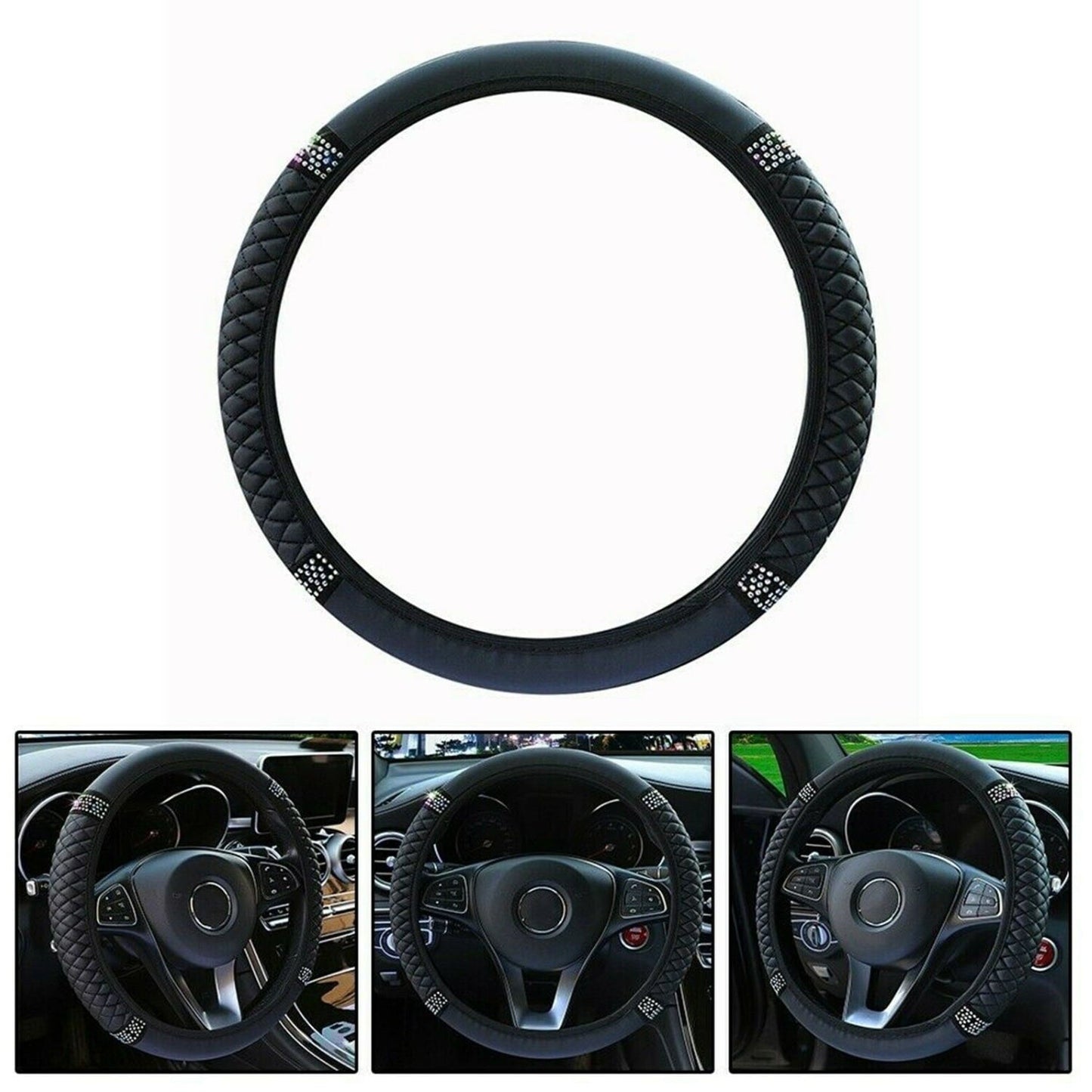 Versatile Steering Wheel Cover, Universal Bling  15 Inch Car Accessory with Rhinestones for Women, Anti-Slip Soft Leather Black Protector for Sedans, SUVs, Vans, Trucks