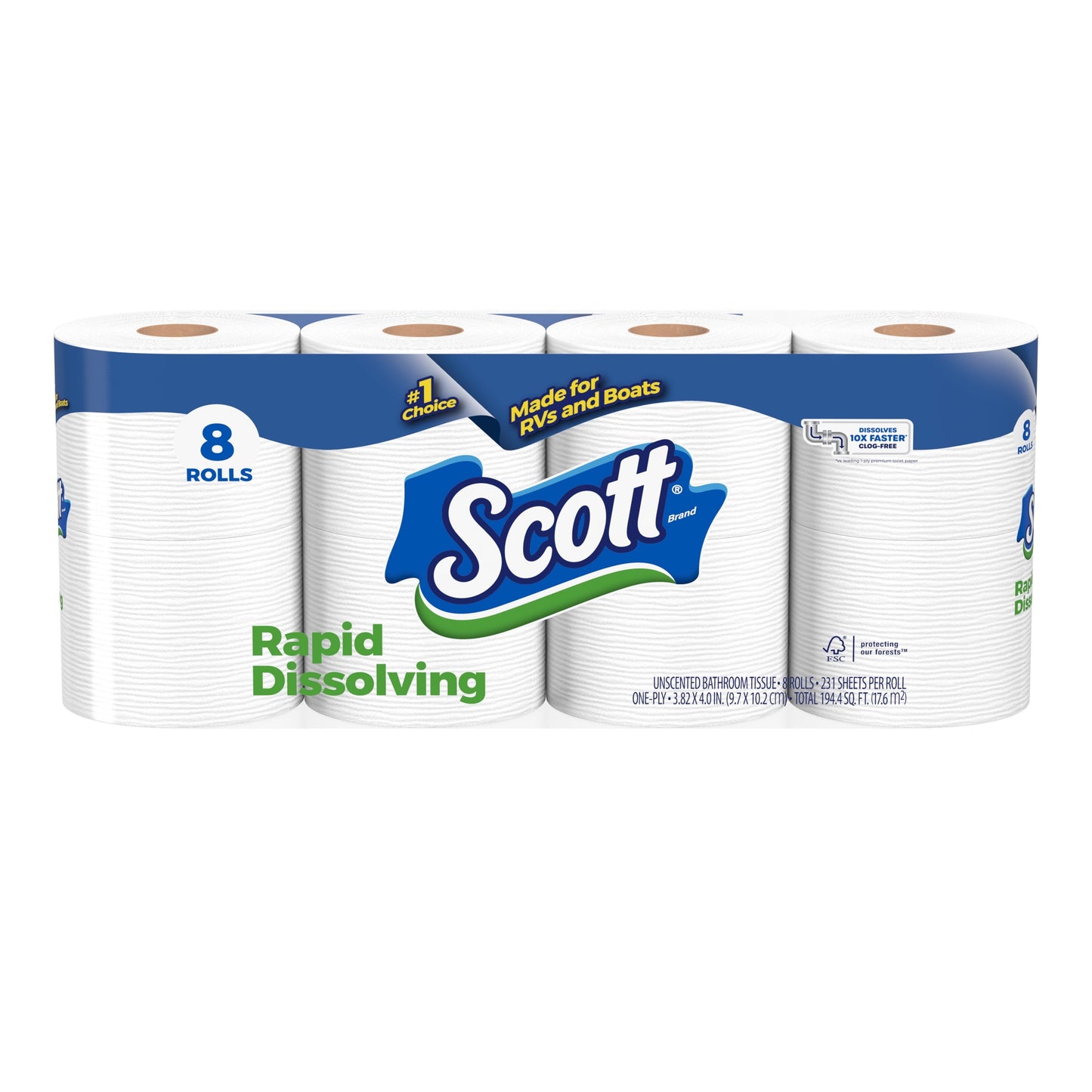 Versatile Scott Rapid-Dissolving Toilet Paper, 8 Double Rolls, 231 Sheets Per Roll (1,848 Total)