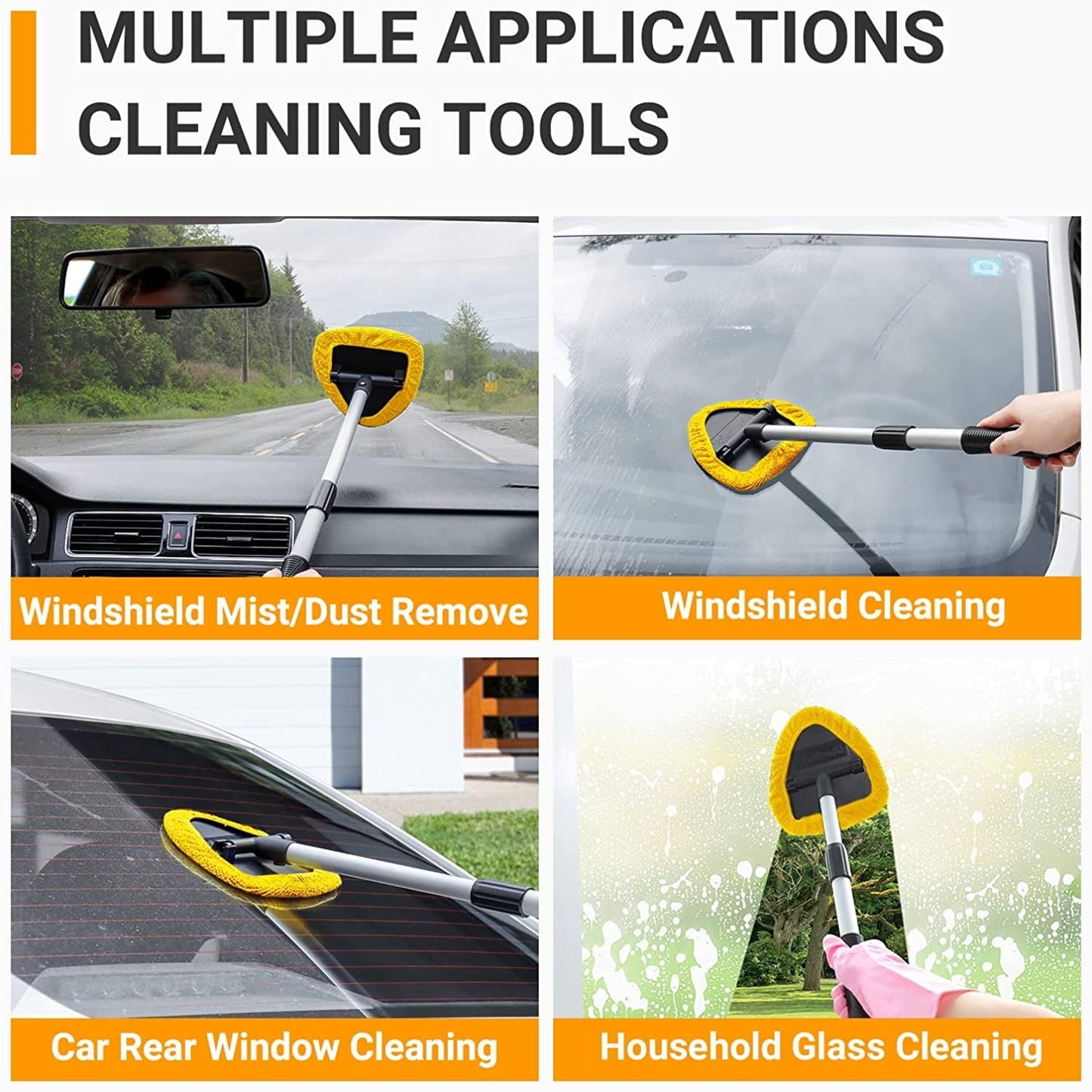 Classic AstroAI, Car Window Cleaner, Microfiber Car Windshield Cleaning Tool with Extendable Handle and Washable Reusable Cloth Pad Head Auto Interior Exterior Glass Wiper Kits, Yellow