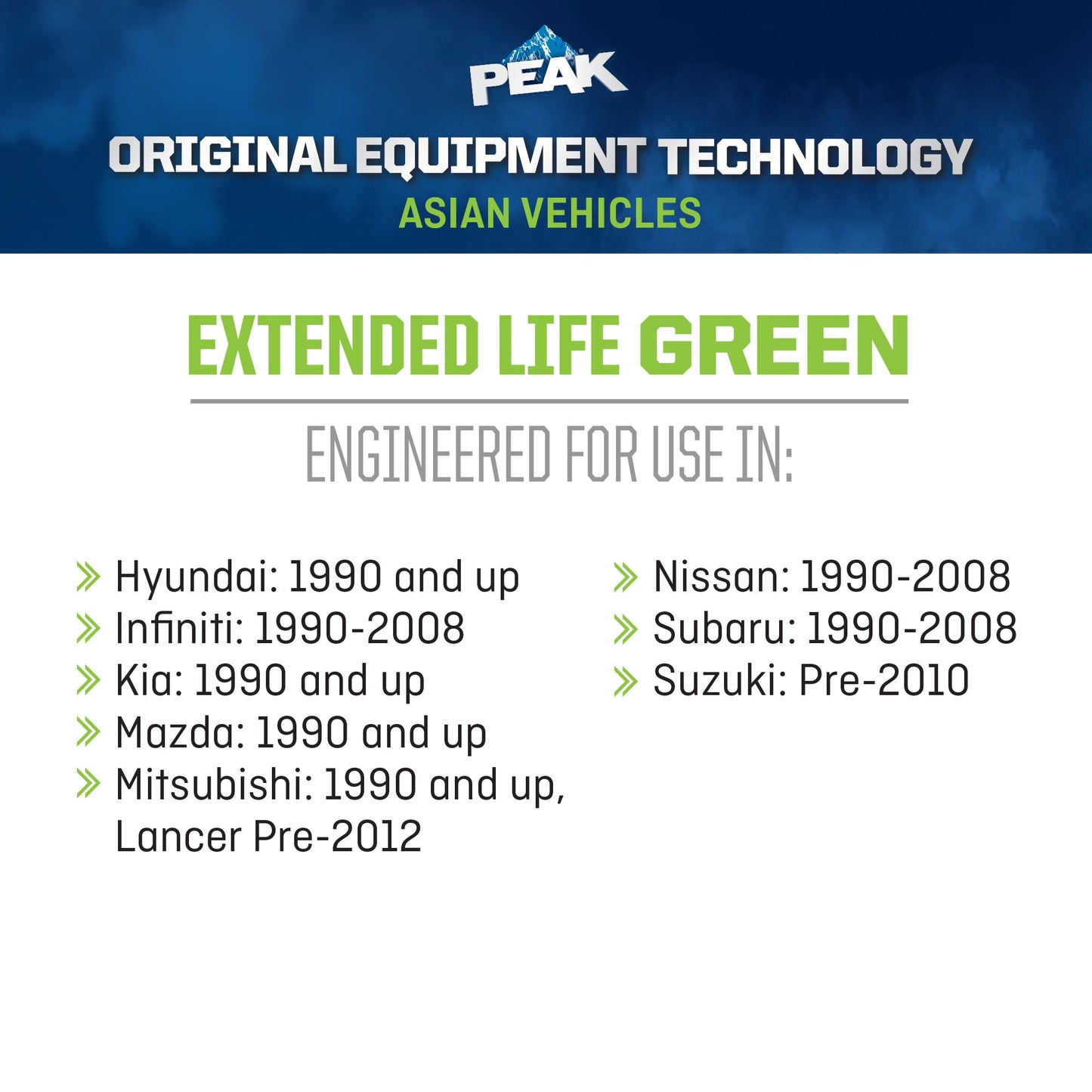 Classic PEAKÂ® ORIGINAL EQUIPMENT TECHNOLOGY Antifreeze + Coolant For Asian Vehicles - Green