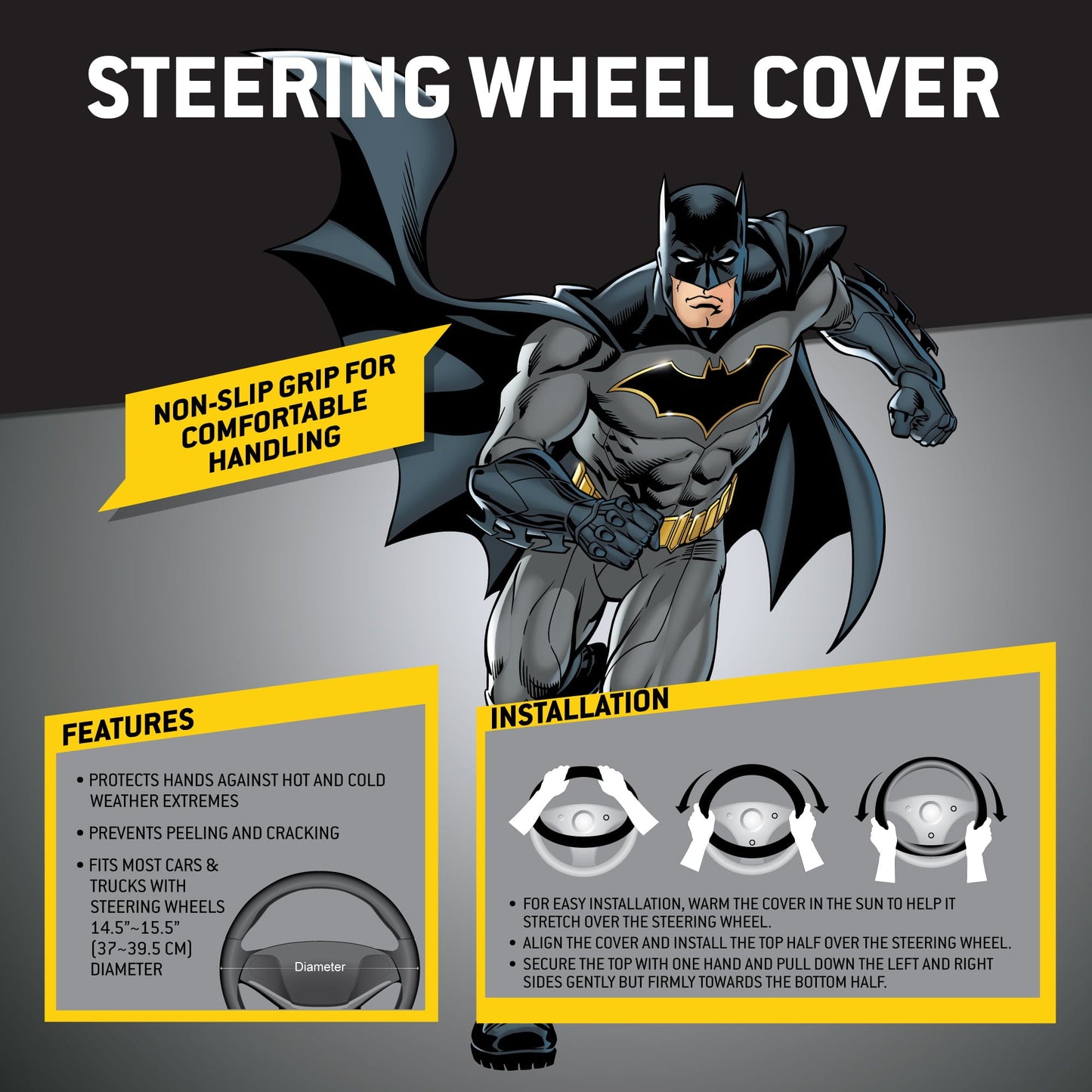 Classic Batman Car Steering Wheel Cover - Universal Fit Steering Wheel Cover with Officially Licensed Warner Brothers Graphics, Great Automotive Accessory Gift Idea for Fans