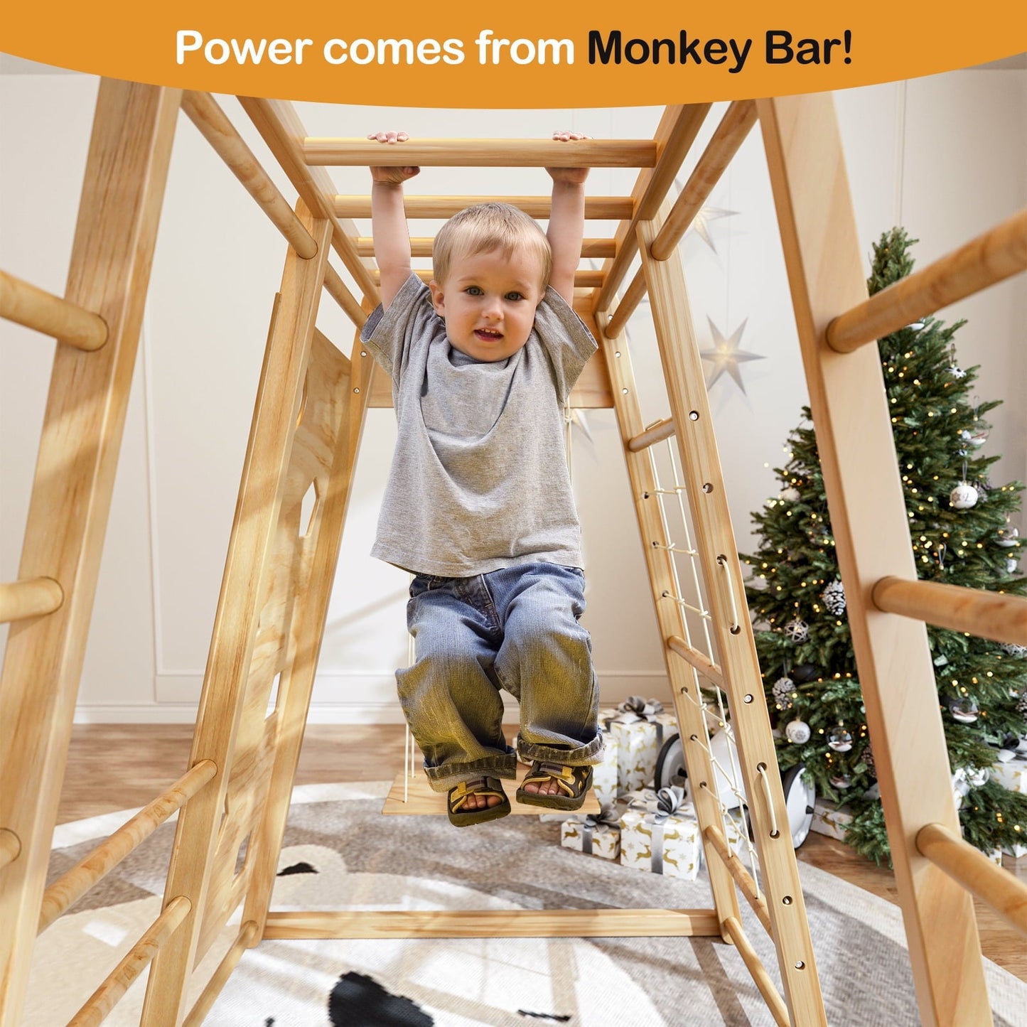 Versatile GIKPAL 8-in-1  Wooden Indoor Kids Playground Jungle Gym with Slide, Toddlers Wooden Climber with Slide Playset, Wooden Rock Climbing Wall with Rope Wall Climb, Monkey Bars, and Swing for Kids