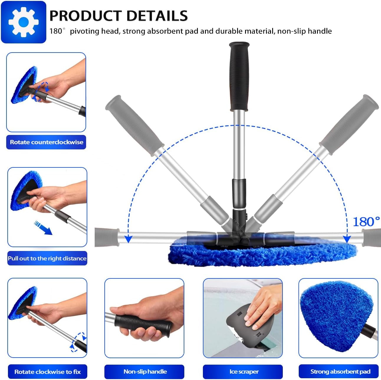 Versatile Walkfairy 25.6'' Extendable Longer Windshield Cleaning Tool, Stronger Absorbent Car Window Cleaner with 5 pcs Washable Pads and 2 pcs 60ml Spray Bottles Multifunctional Use Windshield Cleaner Tool Kit