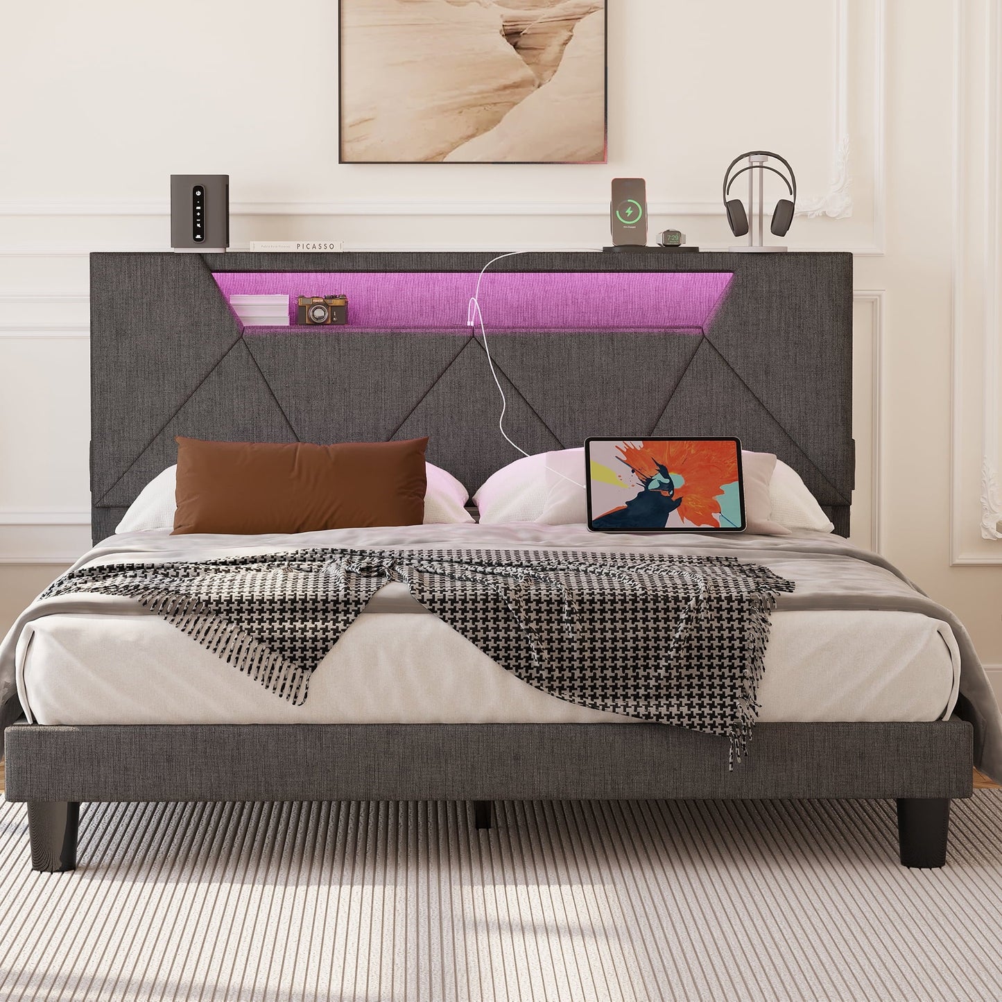 Classic ANCTOR Queen Bed Frame with Storage Headboard & Charging Station for Adults,  Grey