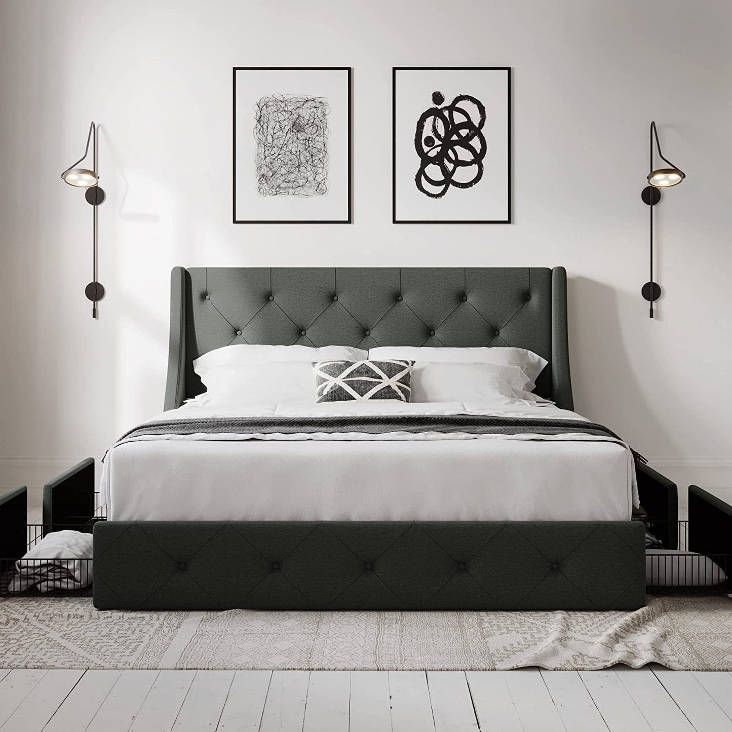 Classic Allewie Queen Size Bed Frame with 4 Storage Drawers and Button Tufted & Wingback Headboard, Dark Grey