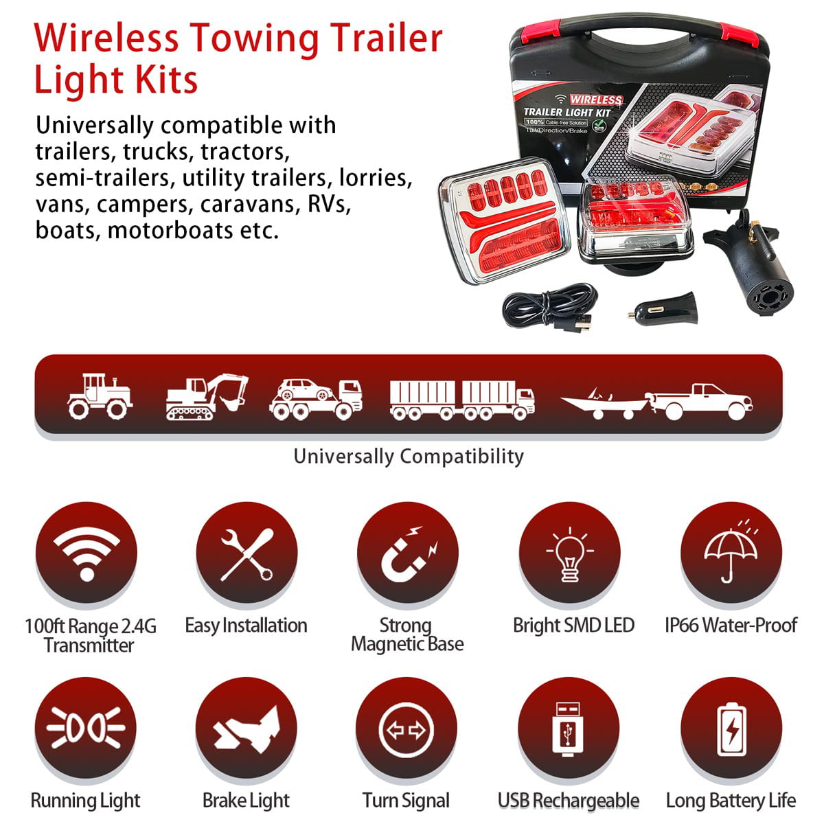 Versatile Wireless Magnetic Tow Light Kit, Rechargeable Battery Tow Trailer Lights Kit for Trailers, Trucks, Campers,and Boats