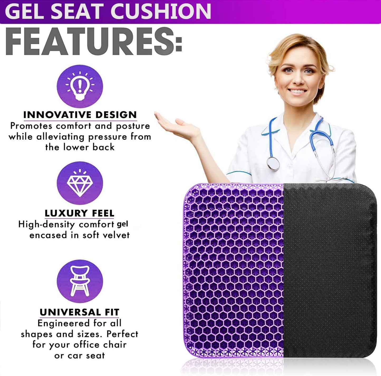 Classic Gel Enhanced Seat Cushion for Long Sitting - Double Thick Honeycomb Breathable Design Egg Seat Cushion with Non-Slip Cover - Office Chair Car Cooling Seat Cushion - Computer Desk Pain Relief Pad