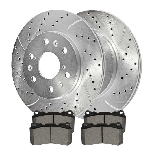 Versatile AutoShack Front Drilled Slotted Brake Rotors Silver and Ceramic Pads Kit Driver and Passenger Side Replacement for 2013 2014 2015 2016 2017 2018 2019 Cadillac XTS 3.6L V6 AWD FWD