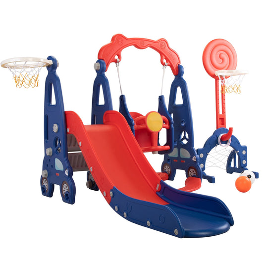 Versatile Kids-gift! 5 in 1 Slide and Swing Playing Set, Toddler Extra-Long Slide with 2 Basketball Hoops, Football, Ringtoss, Indoor Outdoor