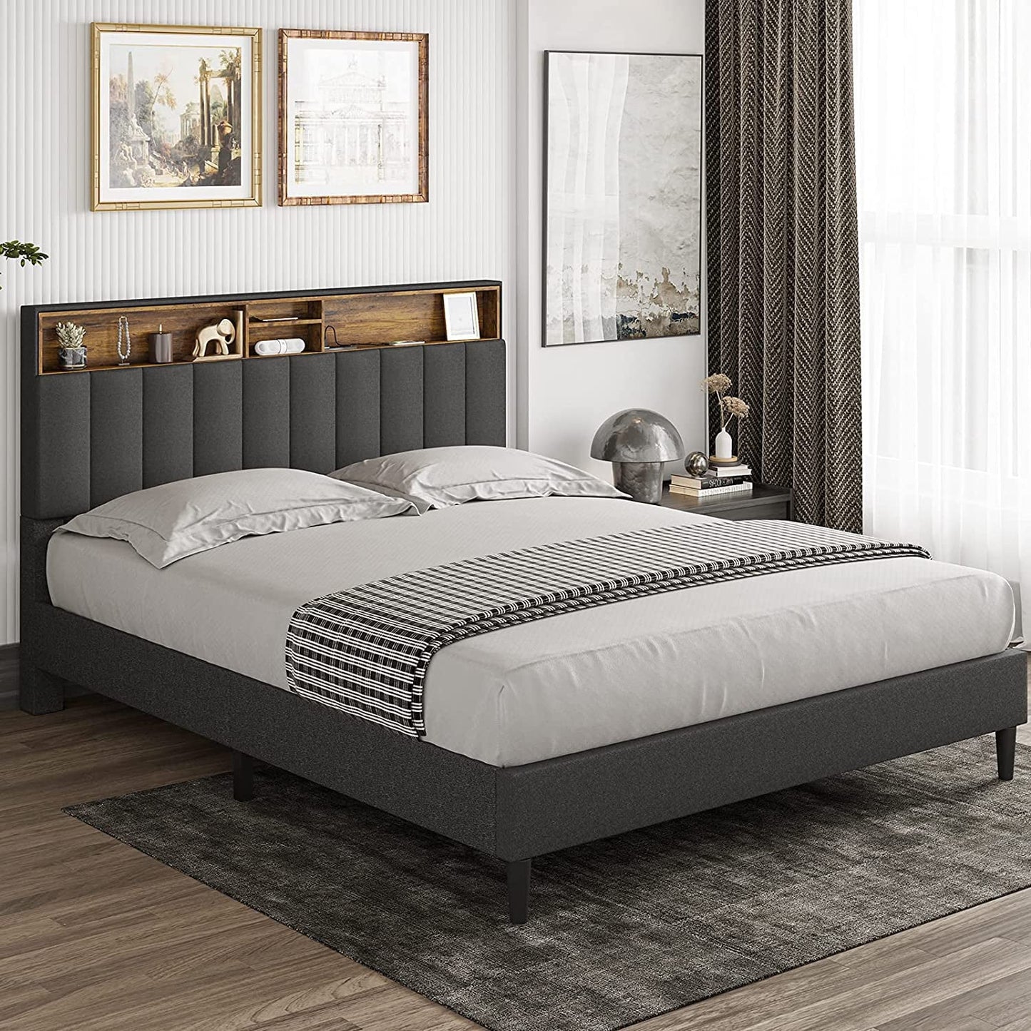 Versatile ADORNEVE Queen Size Platform Bed Frame, Modern Fabric Upholstered Bed with Power Strip and Storage Headboard Height Adjustable, No Box Spring Needed, Dark Gray