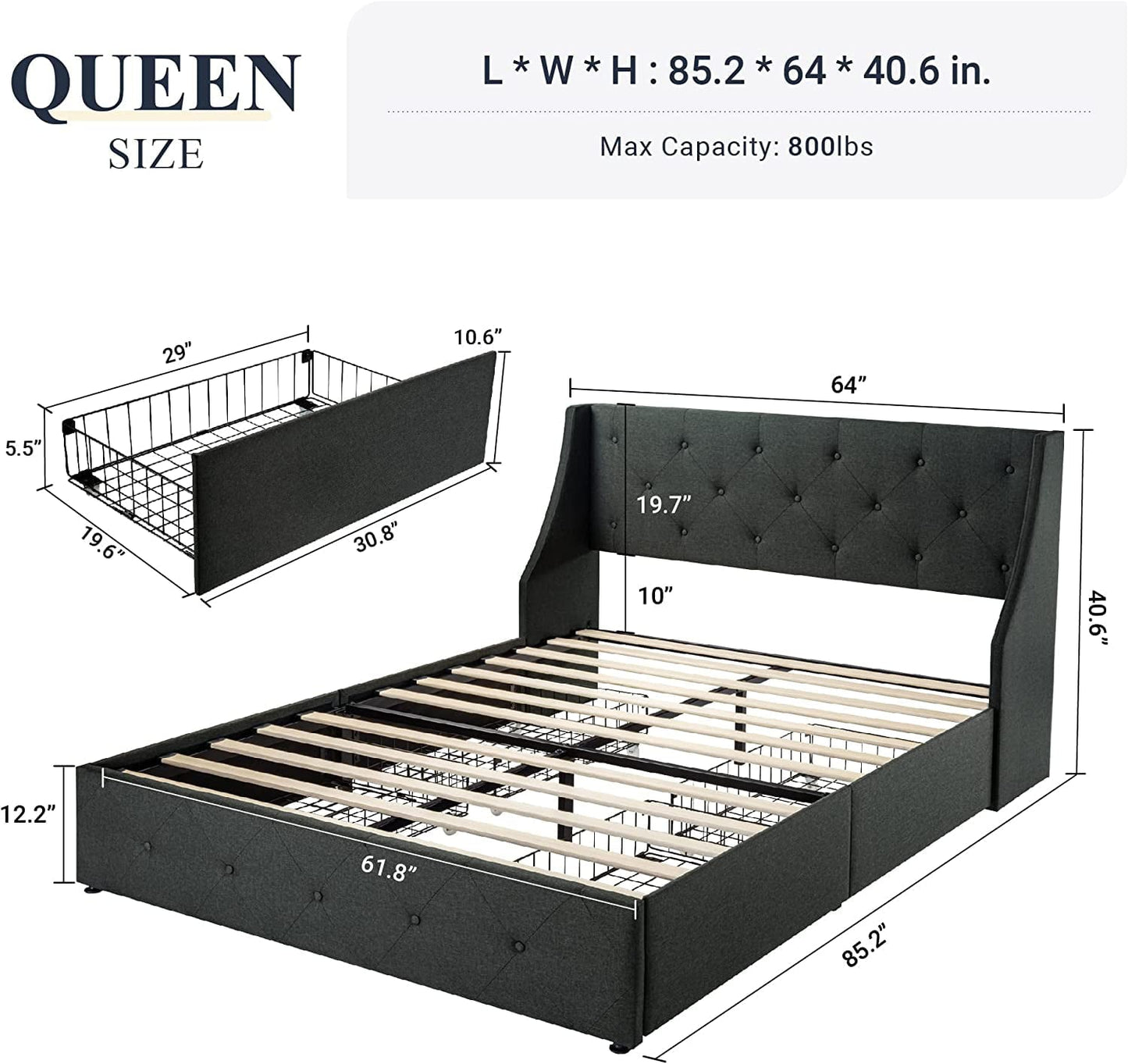 Classic Allewie Queen Size Bed Frame with 4 Storage Drawers and Button Tufted & Wingback Headboard, Dark Grey