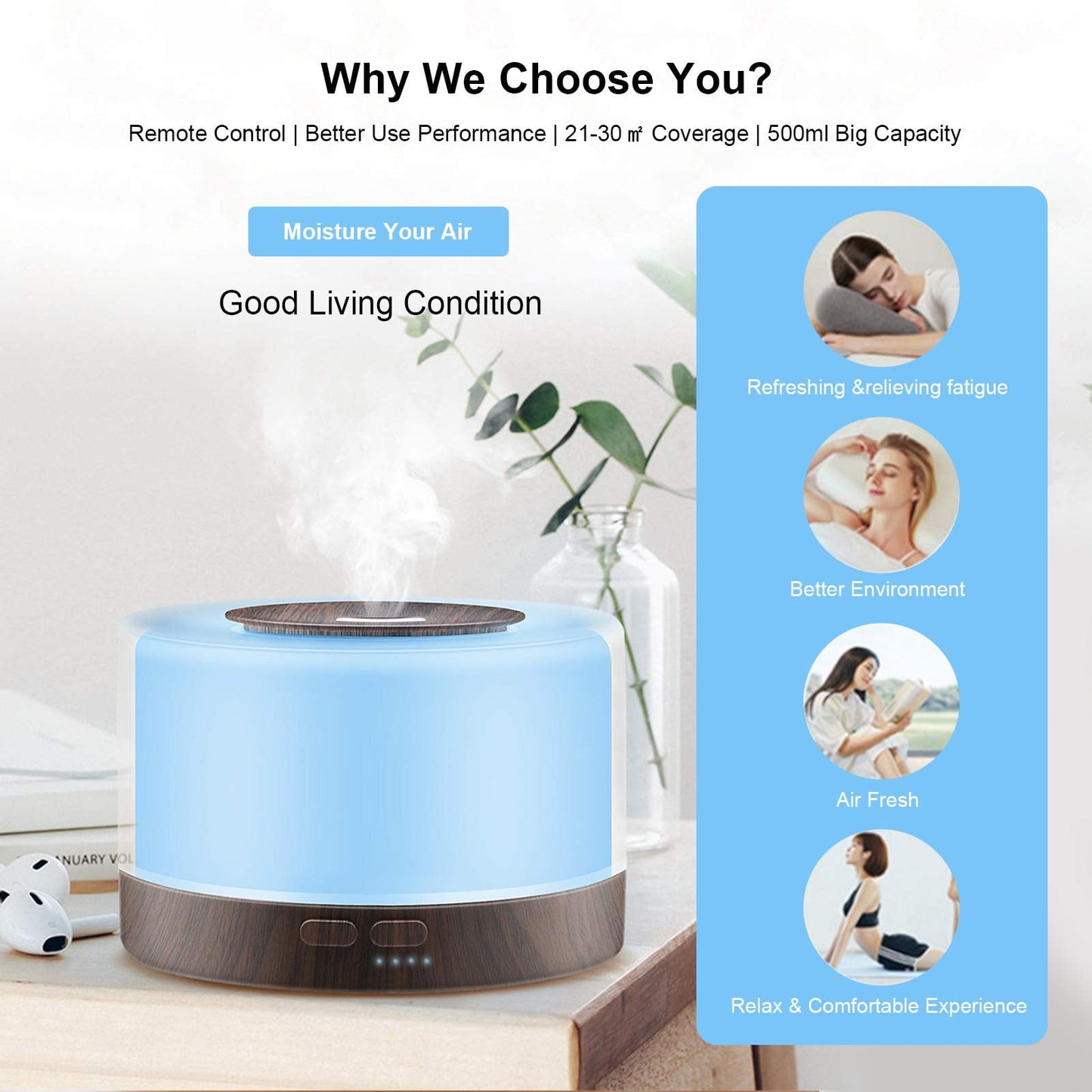 Classic Aromatherapy Essential Oil Diffuser for Room: 500ml Aroma Air Humidifier Remote Control for Home Large & Small Rooms - Ultrasonic Cool Mist Diffusers Oils Vaporizer with Light & Timer Bedroom Office