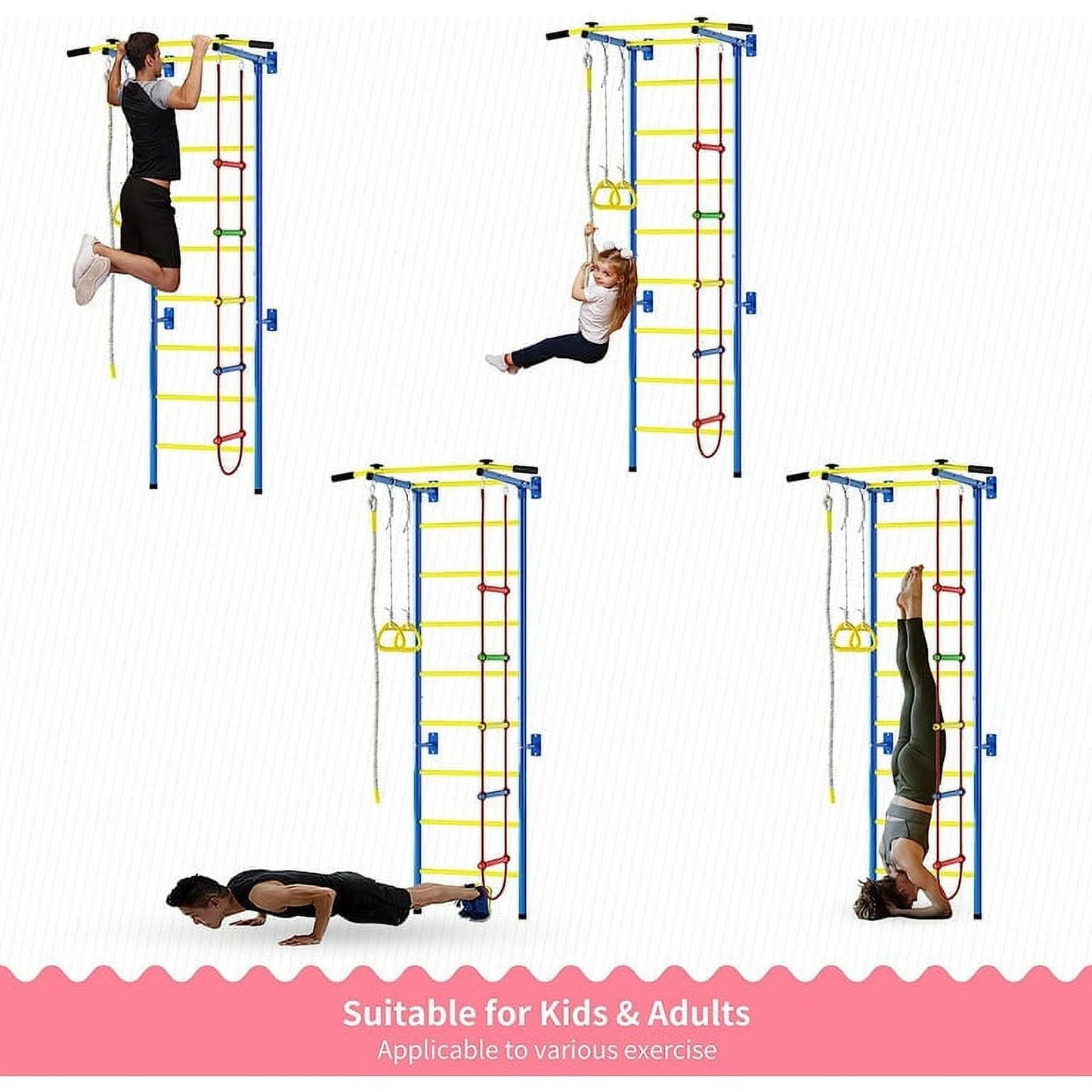 Classic Cuoote 5 in-1 Metal Wall Ladder Stall Bars Set, Indoor Kids Gym for Exercise, Ladder Wall Set with Wall Ladder, Pull-up Bar, Climbing Rope, Gymnastic Rings, Kids Climbing Toys for Boys Girls