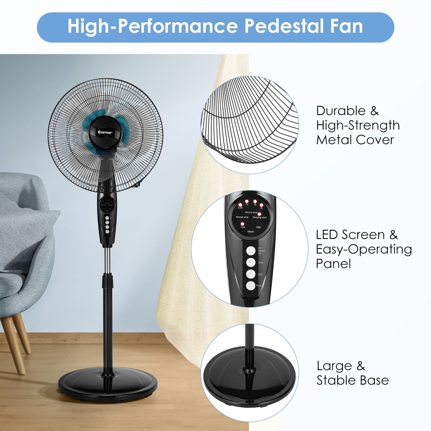 Classic Costway 16'' Adjustable Oscillating Pedestal Fan Dual Blades w/Remote Control