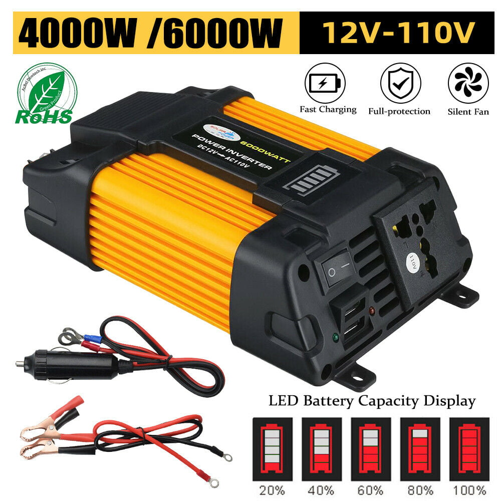 Classic 4000W Power Inverter DC12V to AC110V Sine Wave Convert with 2 USB Ports 1 Sockets for Camp Home