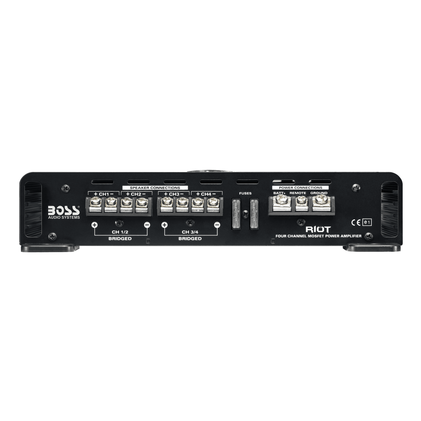 Versatile BOSS Audio Systems R2504 Riot Series Car Audio Amplifier - 1000 High Output, 4 Channel, Class A/B, 2/4 Ohm, High/Low Level Inputs, High/Low Pass Crossover, Bridgeable, Full Range