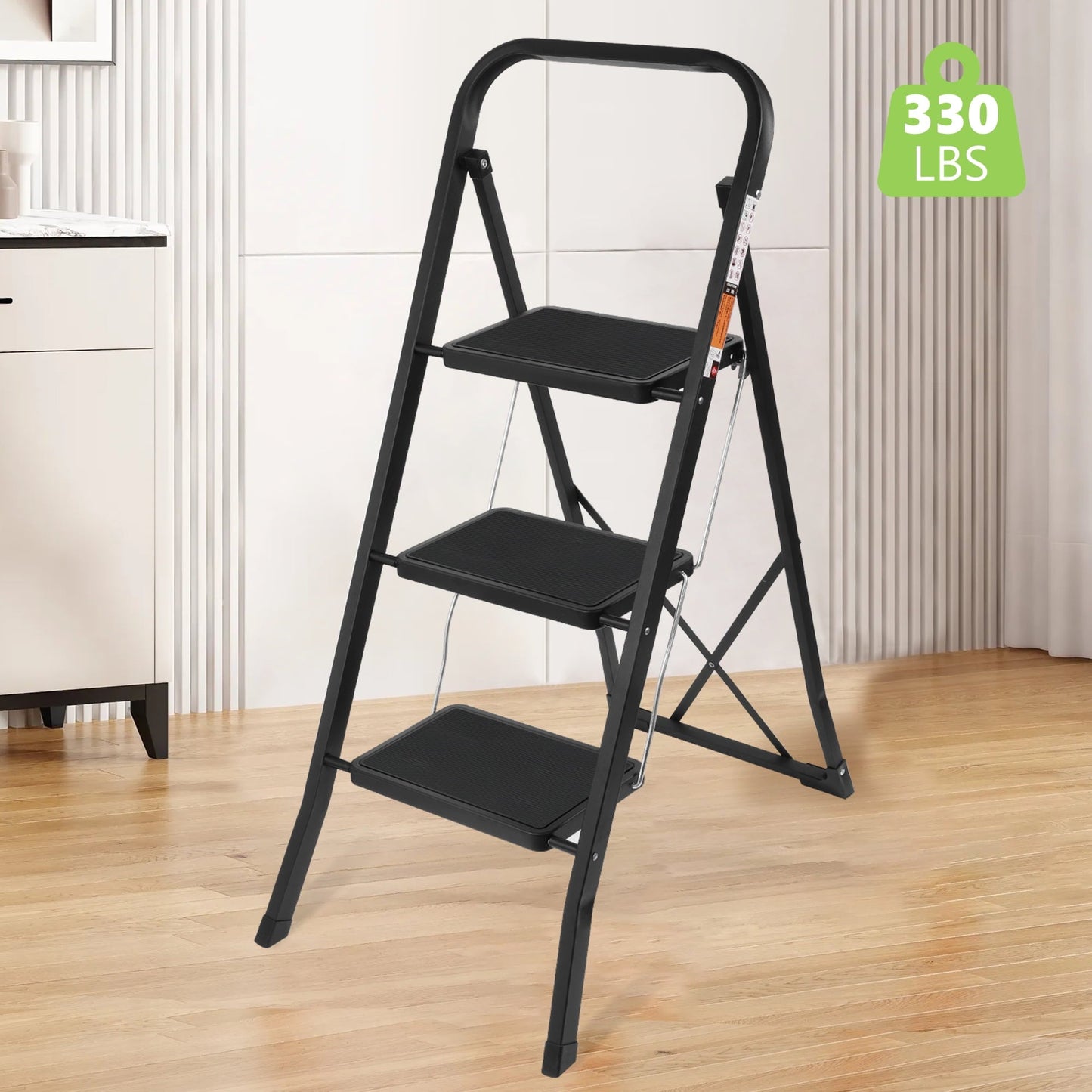 Classic Coolhut 3 Step Ladder, Folding Step Stool with Wide Anti-Slip Pedal, 330lbs Capacity Portable Lightweight Ladders for Home Kitchen Outdoor, Black