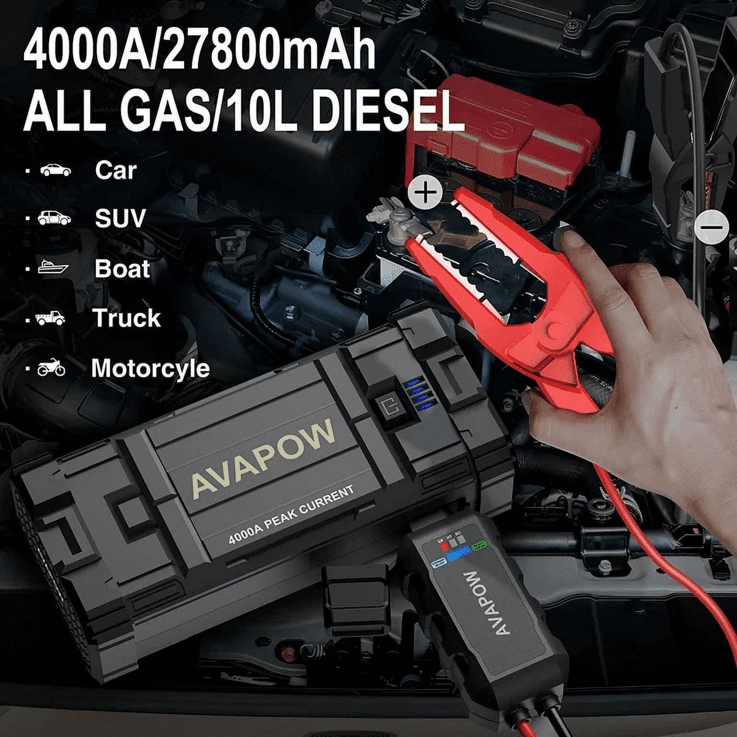 Classic AVAPOW Car Jump Starter, 4000A Peak 27800mAh Battery Jump Starter (for All Gas or Up to 10L Diesel), Battery Booster Power Pack, 12V Auto Jump Box with LED Light, USB Quick Charge 3.0