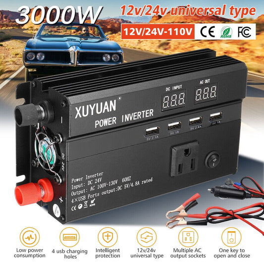 Versatile 3000W Car Power Inverter Watt DC 12V/24V to AC 110V Vehicle Converter RV Truck